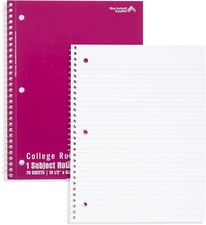 Blue Summit Spiral Notebooks Bulk, One Subject Spiral Notebook College Ruled, Perforated Notebook, 8 x 10.5 for Work and School, Paper, College Ruled, Bulk 48 Pack