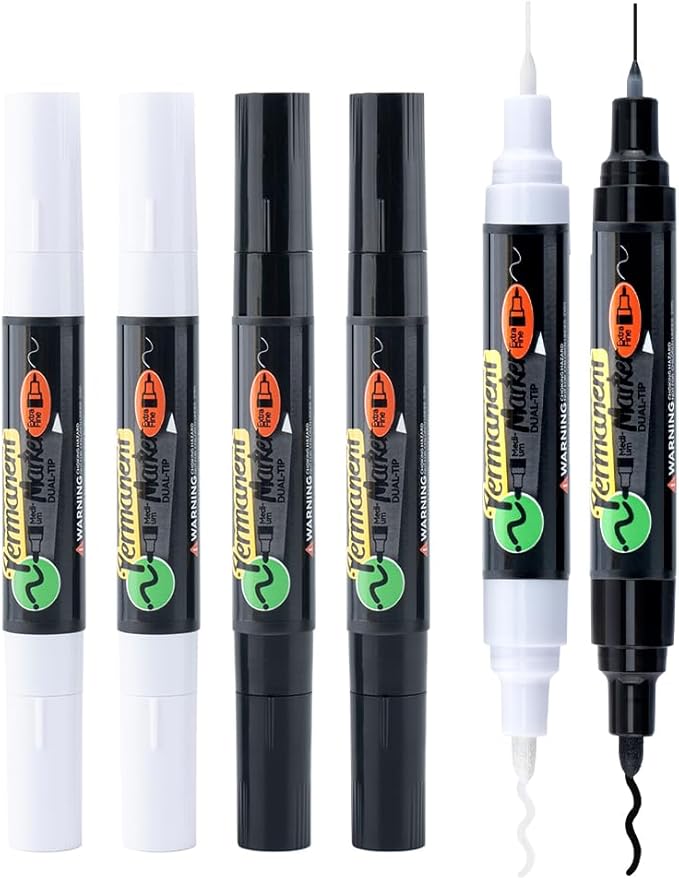 TRANSON 2 Black and 2 White Dual-tip Permanent Paint Markers Oil Based Waterproof