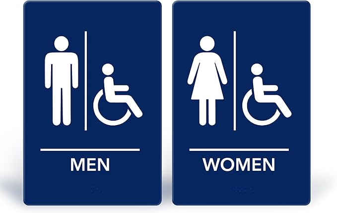 Promot Men and Women Handicap Restroom Sign – ADA Braille Bathroom Sign for Business, Self-Adhesive, 9" x 6", Commercial Door Signage, Office Wall Decor - Blue