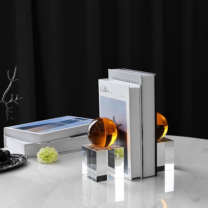 Crystal Bookends, 1 Pair of Decorative Tabletop Bookends for Office, Home, Desk, Comes with Gifed Box, Amber