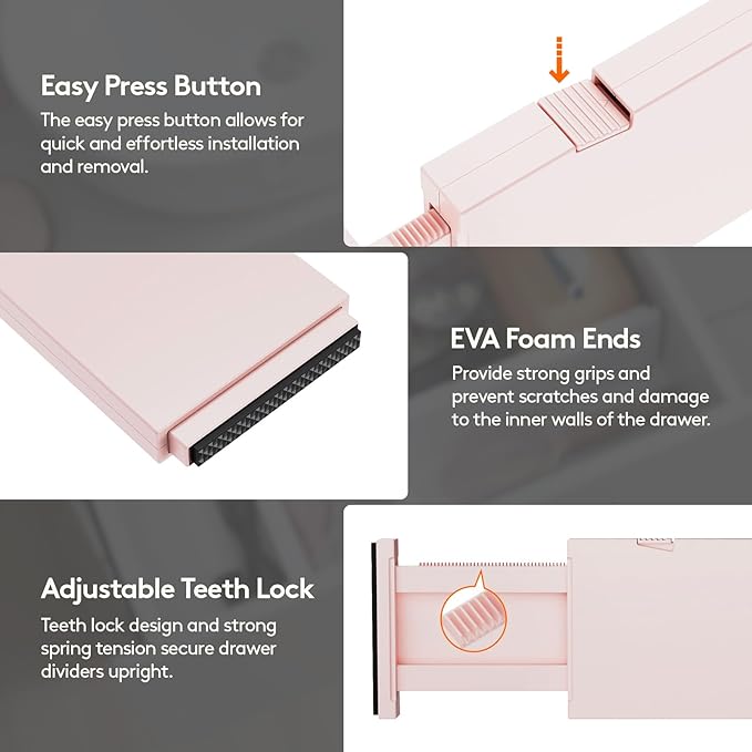 Lifewit 24 Pack Drawer Dividers 4" High, 11-17" Adjustable Dresser Drawer Organizers for Clothes, Expandable Dresser Separators in Bedroom/Bathroom/Kitchen/Vanity/Office Organization and Storage,Pink