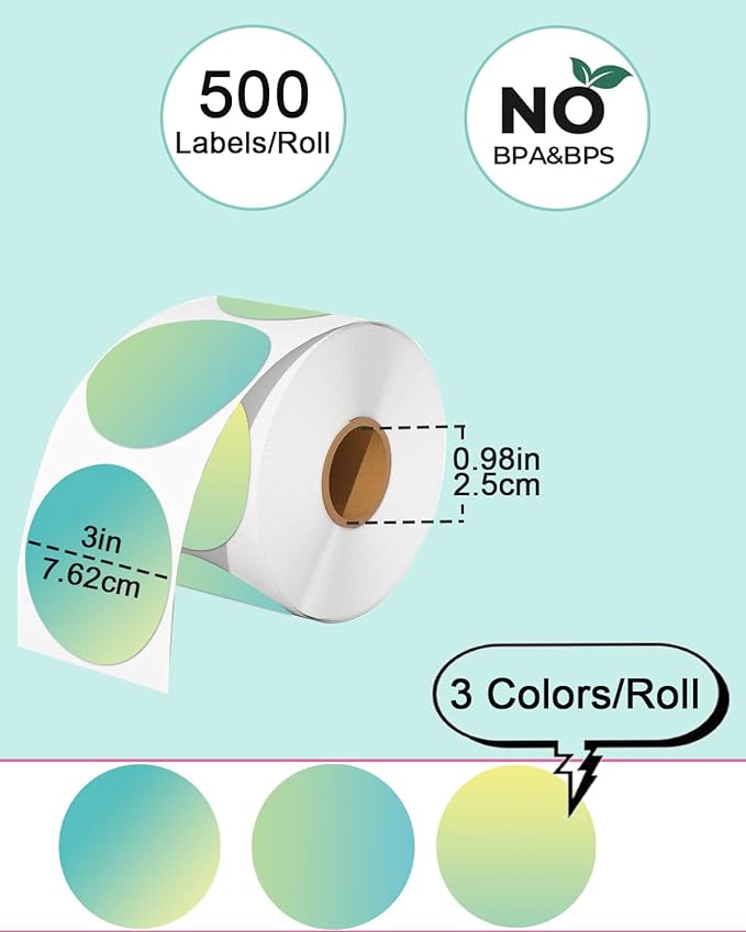 3 inch Round Thermal Labels, Thermal Printer Labels use for Barcode, Shipping, Customized, Circle Direct Thermal Stickers 500 Labels for Printer, Gradient Green