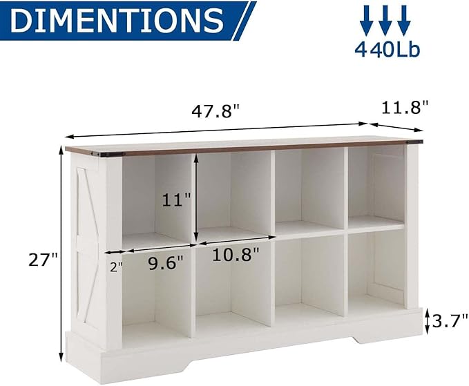 8 Cube Storage Organizer, 2 Tier Bookshelf for Living Room, Farmhouse Bookcase with Led, Kids Toy Storage Cabinet, Wall Cubby Shelves for Home Decor, Wood Display Cabinet for Bedroom, White