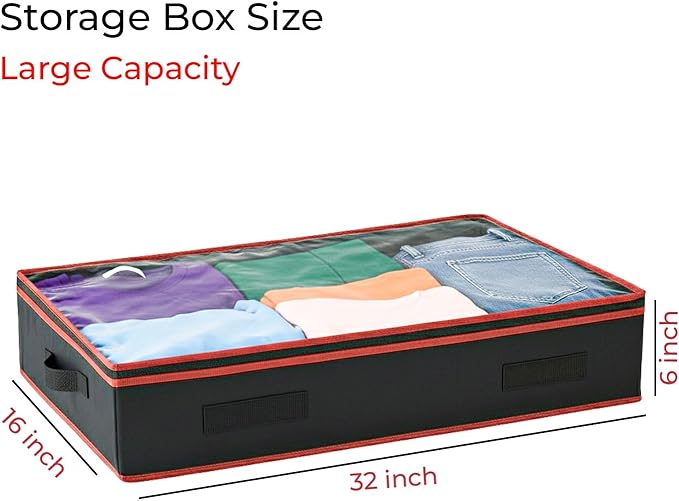 6 Inches Under Bed Storage Containers with Clear Lids | Pack of 4 Underbed Shoe Storage Foldable Clothes Organizer Bins for Blankets, Pillows, Sturdy Handles, Dustproof, & Seasonal Items