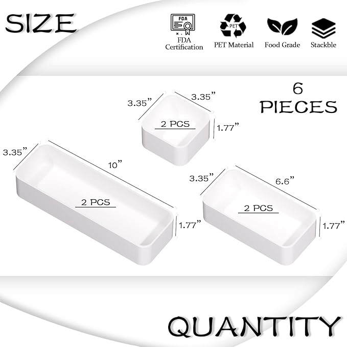 CHANCETSUI 6 PCS Stackable Drawer Organizers Set, Versatile Desk and Vanity Drawer Organizer Trays, Storage Bins for Makeup, Bathroom, Bedroom, Kitchen and Office, White