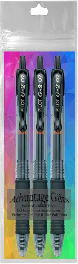 G2 Retractable Premium Gel Ink Roller Ball Pens Fine Point Fine Point (.7mm) Black Ink 3-pk; Refillable & Premium Comfort Grip Bundle with Plastic Reusable Pouch