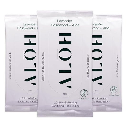 ALŌH Lavender Rosewood + Aloe Sanitizing Hand Wipes - Clean Hands, Clear Minds - On The Go Sanitizing Hand Wipes for Kids and Adults - Travel Size 3 Pack, 20ct Wipes (60 wipes)