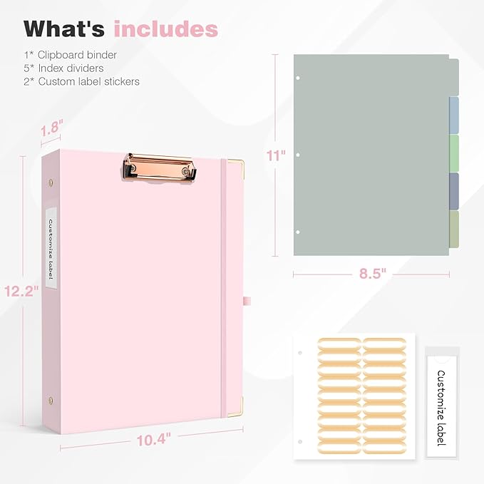 Ospelelf Binder 3 Ring 1 Inch, Solid Pink Round Ring Clipboard Binder for Letter Size Paper with 5 Tab Dividers, for School and Office Supplies