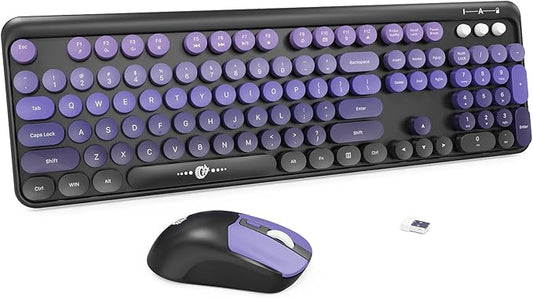 FOPETT Wireless Keyboard and Mouse Combo - 2.4G Full-Sized Cute Colorful Mouse and Keyboard with 104 Round Keys Retro Typewriter Keyboard for Laptop/Windows/PC - Purple Gradient
