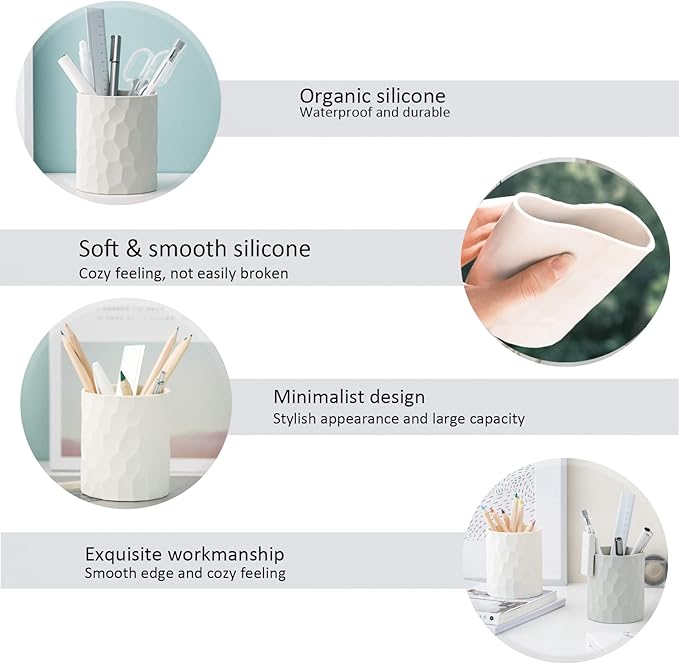 Pen Holder,Nordic Style Silicone Waterproof Pencil Holder for Desk Simple&Modern Minimalist Makeup Organizer Multifunctional Office Supplies for Home,Kids and School(Beige)