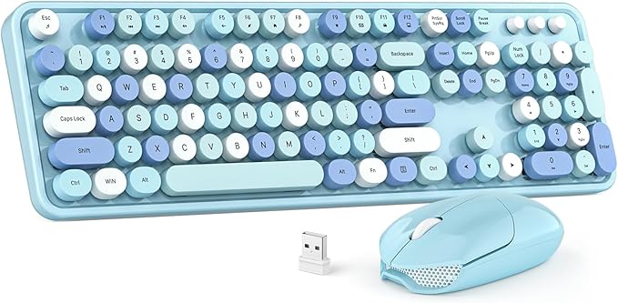 Wireless Keyboard and Mouse Combo, MOWUX Colorful Computer Full Size 2.4G Plug and Play Wireless Typewriter Keyboard and Mouse Set for Windows, Computer, Desktop, PC, Notebook (Blue Colorful)