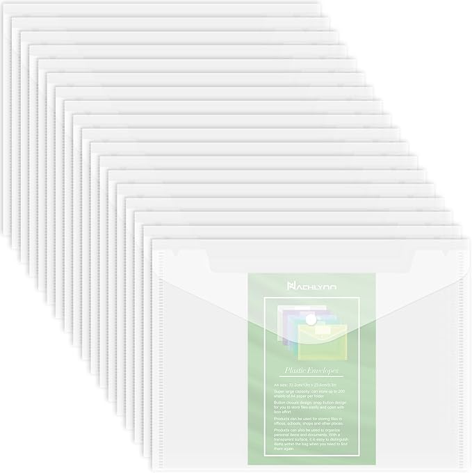 NACHLYNN 18 Pack Plastic Envelopes Poly Envelopes with Snap Closure A4 Size Clear Document File Folders Organizers Clear Envelope for School Office Supplies