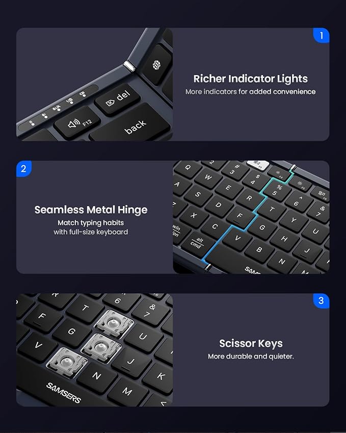 Foldable Keyboard and Mouse, Samsers Folding Bluetooth Keyboard Combo, 2.4G + BT5.0 x 2, Full-Size Portable Travel Keyboard & Rechargeable Wireless Mouse for Windows Android iOS Mac OS, Midnight