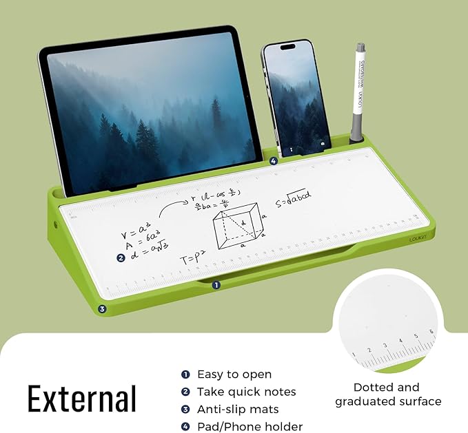 LOUKIN Glass Desktop Whiteboard, 15.3" x 5.6" Dry Erase Desk Board with Dotted and Graduated Surface, Desktop Buddy, Great for Design and Drawing, 3 Markers and 1 Dry Erase Eraser Included (Green)
