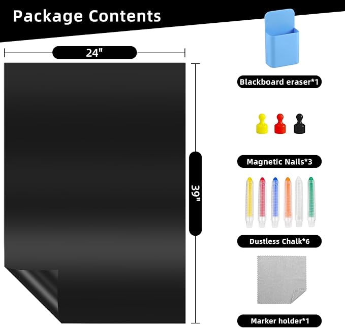 Magnetic Black Dry Erase Board for Refrigerator, 24" x 39"Chalk Board Contact Paper Decal for School, Office, Kitchen Fridge, Kids Drawing with Dustless Chalk, Holder and Magnets