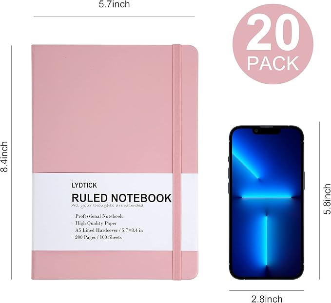20 Pack Journals for Writing College Ruled Notebooks Journal in Bulk, Hardcover Notebooks (200Pages) for Note Talking, Lined Bullet Journals for Home School Office, 5.7"x8.4", Pink