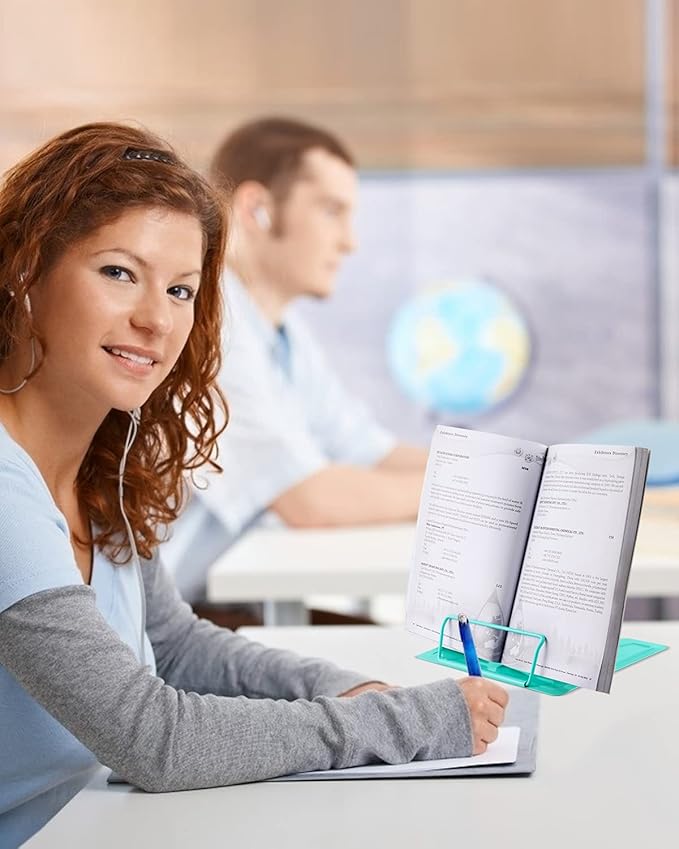 MSDADA Book Stand Metal Reading Rest Book Holder Adjustable Cookbook Documents Holder Portable Sturdy Bookstands for Recipes Textbooks Tablet Music Books with Page Clips (Light Green)