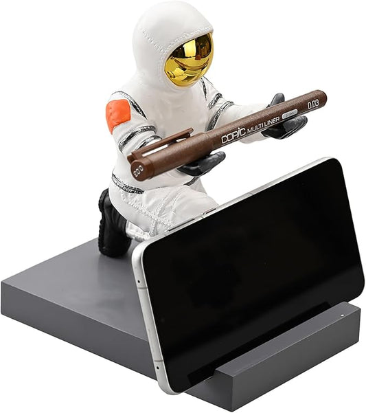 Astronaut Resin Pen Holder, Mobile Phone Stand, Device Stand, Desk Organizer Decorative Pen Holder (White&Golden)