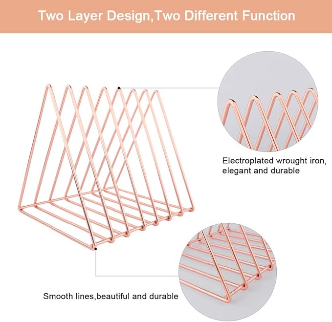 Urban Deco Triangle Desk Organizers Metal Wire Magazine Holder 7 Sections Decorative Vinyl Record Storage Office File Organizer For Desk - Rose Gold Magazine File Holder - 2 Pack