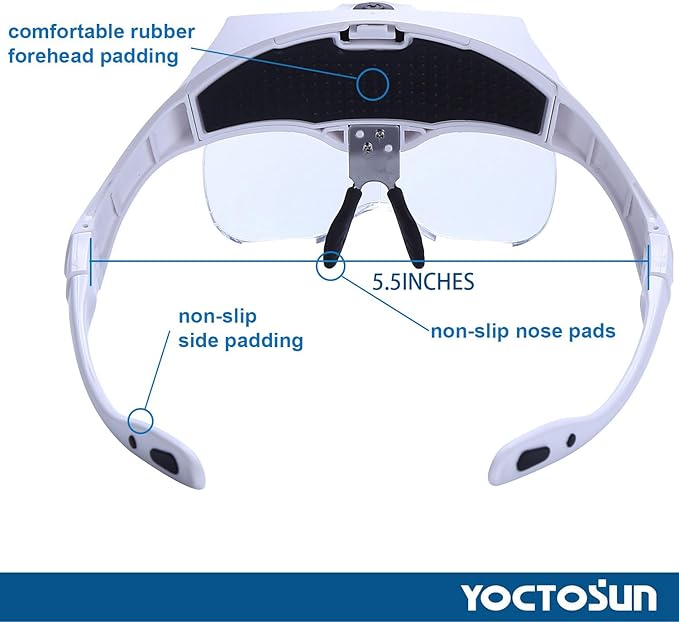 YOCTOSUN LED Head Magnifier, Rechargeable Hands Free Headband Magnifying Glasses with 2 Led, Professional Jeweler's Loupe Light Bracket and Headband are Interchangeable