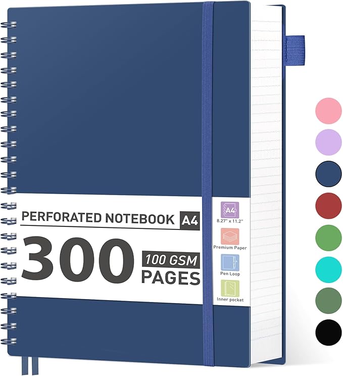 AHGXG Spiral Notebook College Ruled - Spiral Journal Perforated Notebook A4 8.5" x 11", 300 Pages Easy Tear Perforated Pages, 100GSM Thick Paper, Plastic Hardcover, for Writing Work School, Navy Bule