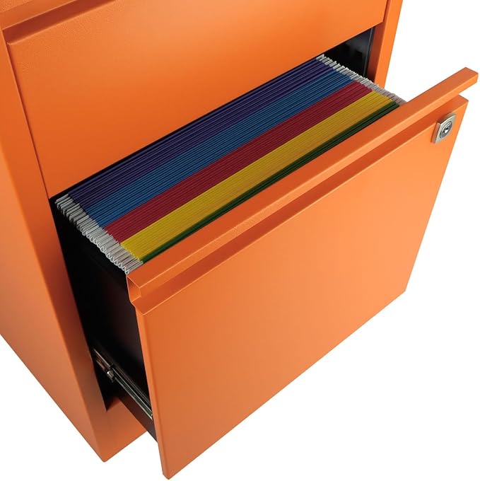 3-Drawer Flush Front Vertical File Cabinet - Bisley Orange, 2 Utility Drawers + 1 Hanging File Drawer, Powder-Coated Steel, Locking Bottom Drawer by Bisley