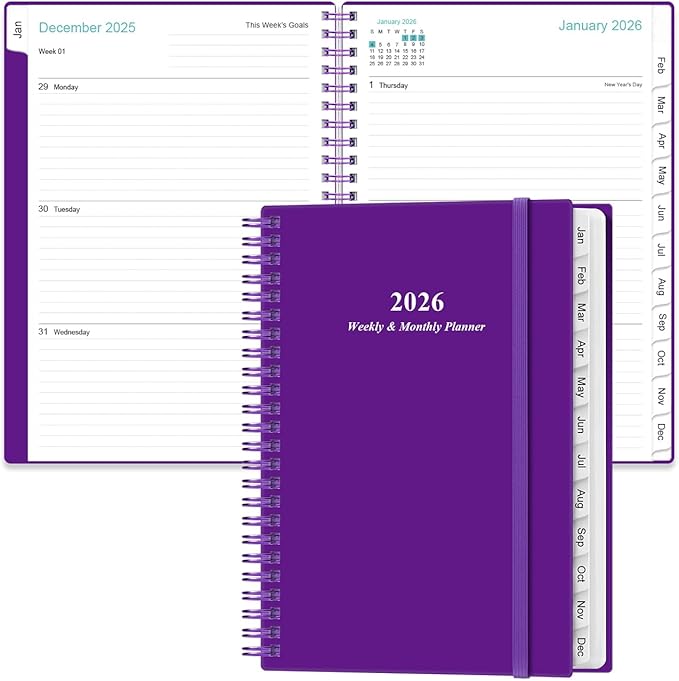 2026 Planner - Planner 2026 from January 2026 - December 2026, Weekly & Monthly Planners Spiral Bound with 12 Monthly Tabs, Inner Pocket, 6.4" x 8.5", Purple