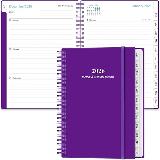 2026 Planner - Planner 2026 from January 2026 - December 2026, Weekly & Monthly Planners Spiral Bound with 12 Monthly Tabs, Inner Pocket, 6.4" x 8.5", Purple