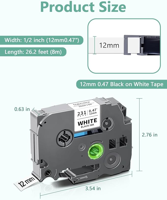 5-Pack Tze Tz Tape 12mm 0.47" White Compatible for Brother 12mm 0.47" Laminated White Tze-231 Tz231 P Touch Label Tape 12mm 1/2" for PT-D210 PT-D202 PT-D220 PTD410 PTD600 PTD400 PT2430