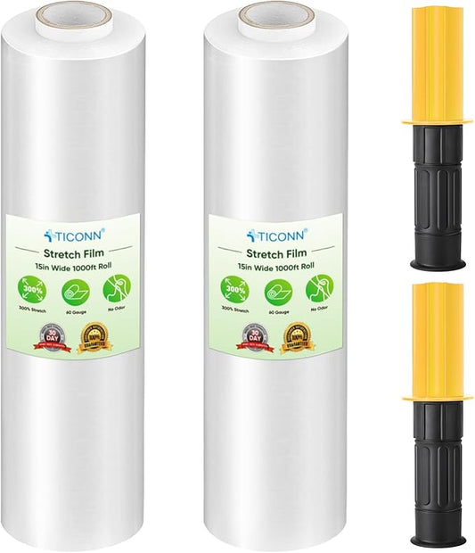 TICONN 2Pk Stretch Wrap Stretch Film Roll, 1000ft Industrial Strength 15 inch Wide Clear Plastic Wrap with Handles for Pallet Wrapping Shipping Moving