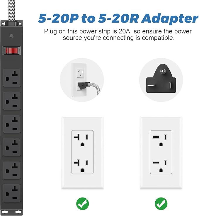 HEZI 20 Amp Power Strip with 5-20P/T- Plug, Heavy Duty High Amp Metal Surge Protector, Mountable Industrial Power Strip with 6AC Outlets(5-20R) and Circuit Breaker, 6FT 12AWG Extension Cord