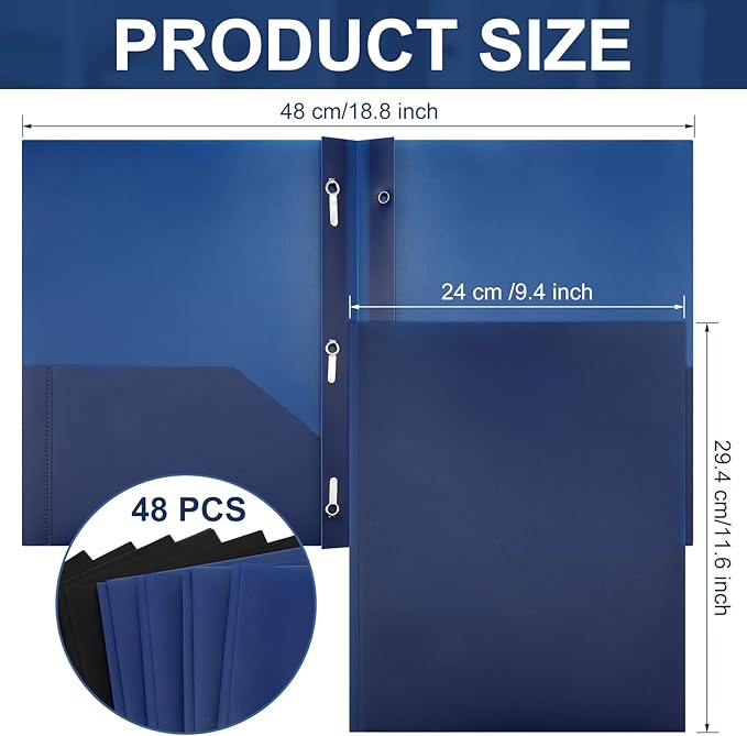 Patelai 48 Pcs Plastic Folders with 2 Pockets and 3 Prongs Home Folders with Card Slot Letter Size Heavy Duty Report Covers for Back to School(Navy Blue,Black,Classic)