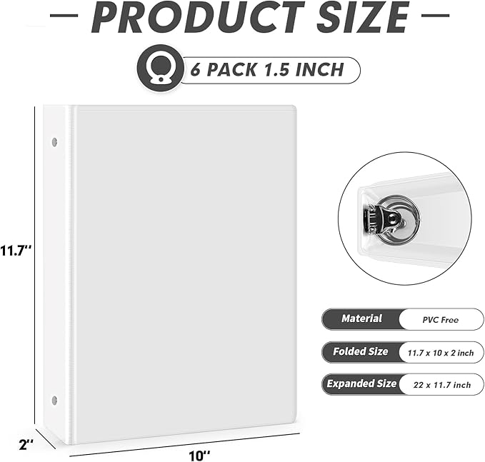 3 Ring Binder 1.5 Inch, PANDRI 6 Pack 1.5-Inch Binder Fits Letter Size 8.5'' x 11'' Paper, Versatile Binders for Office Home School, 2 Pockets, White