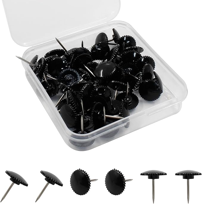 Piutouyar 50 Pcs Black Push Pins, Plastic Thumb Tacks for Wall Hanging, Flat Head and Steel Point Push Pins Wall Tacks Thumbtacks for Furniture Cork Board DIY Projects or Home Decor