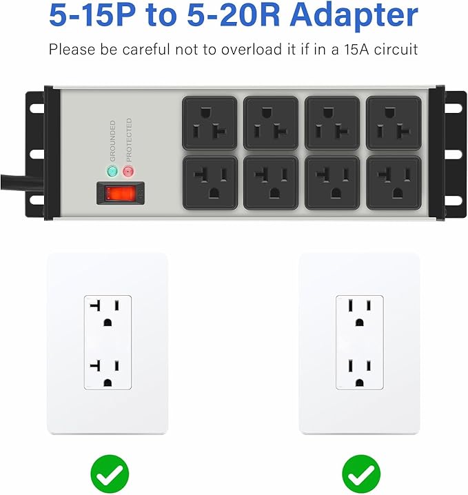 CCCEI Grey Heavy Duty Power Strip Surge Protector 20 AMP, 8 Outlets 12 Gauge Industrial Shop Garage Metal Multiple Outlets, 4 FT Extension Cord 5-15P Adapter High Amp 6-20R T-Slot 20a for Appliance
