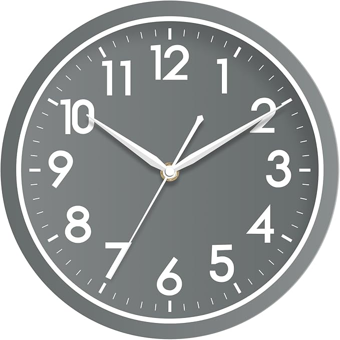 AKCISOT Wall Clock Bathroom 10 Inch Analog Small Wall Clocks Battery Operated - Silent Non Ticking Modern Simple Style Clock Decorative for Kitchen,Bedroom,Home Office,Living Room,School(Gray)