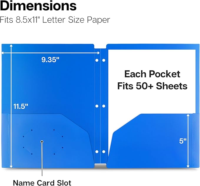 Dunwell Plastic 2-Pocket Folders for 3-Ring Binders, (3 Pack, Blue) 3 Hole Punched, Divider Folder for Notebooks, Durable Poly, Fits 8.5x11 Sheets, Includes Labels