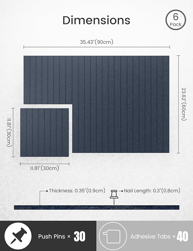 Bumusty Large Cork Board Alternative-36 x24 Felt Bulletin Board Tiles, with 30 Pushpins, 40 Adhesive Tabs, 6-Pack Slat Wall Paneling, Cork Boards for Office Push Pin Board Felt Board-Denim Blue