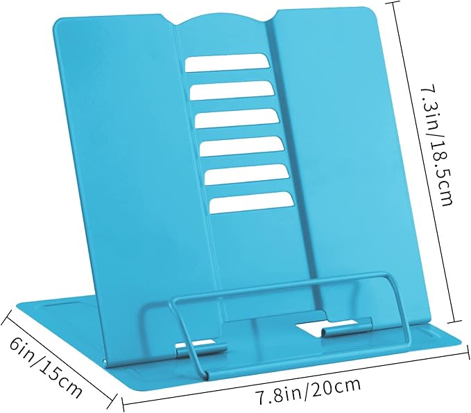 MSDADA Book Stand Metal Reading Rest Book Holder Adjustable Cookbook Documents Holder Portable Sturdy Bookstands for Recipes Textbooks Tablet Music Books with Page Clips (Sky Blue)