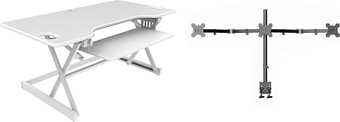 Rocelco 46" Large Height Adjustable Standing Desk Converter with Triple Monitor Mount BUNDLE - Quick Sit Stand Up Computer Workstation Riser - Retractable Keyboard Tray - White (R DADRW-46-DM3)