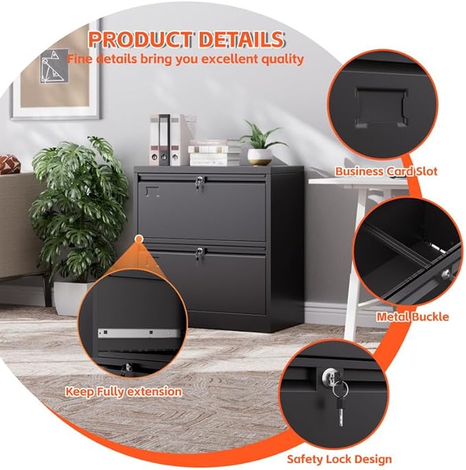 Aobabo Lateral File Cabinet 2 Drawer,Lockable Metal Filing Cabinet, Suitable for Home Office School Hanging Files Letter/Legal Size,Required-Assembly,Black
