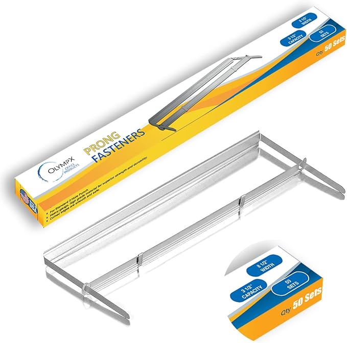 OLYMPX 50 Pcs of 3” Capacity Premium Metal Prong Paper Fastener Complete Set, 8.5 Inch Base with Standard 2-Hole Punch Compressor for Paper File Folder, 50 per Box