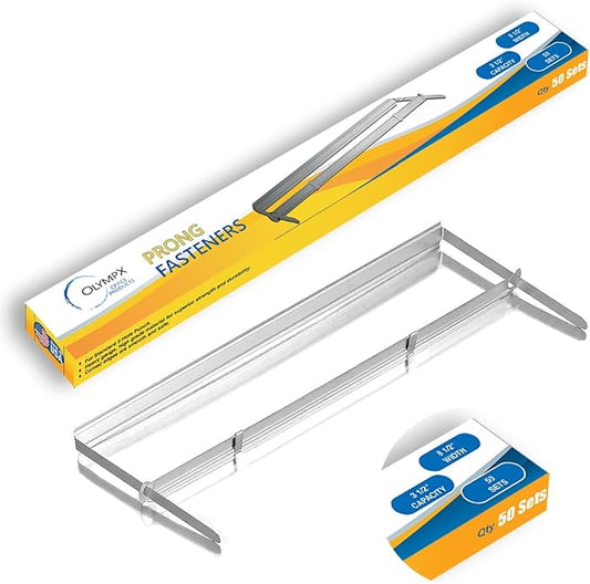 OLYMPX 50 Pcs of 3” Capacity Premium Metal Prong Paper Fastener Complete Set, 8.5 Inch Base with Standard 2-Hole Punch Compressor for Paper File Folder, 50 per Box