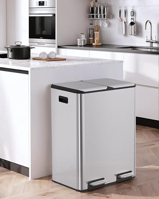 Arlopu 16Gal Dual Trash Can w/2 Built-in Box for Odor Control, Hands-Free Kitchen Garbage Bin, Recycle Waste Dustbin, Soft-Close Lid, 2 Buckets,Foot Pedal, Side Handle, Airtight,for Home Office