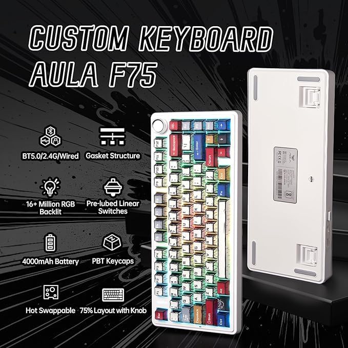 x Aula F75 Mechanical Keyboard, Wireless RGB Backlit Gaming Keyboard w/Knob, 81 Keys Compact Gasket Mount Pre-lubed Hot-Swap Reaper Switches, Bluetooth/2.4GHz/Type-C, Creamy Sounding Manga Keycaps