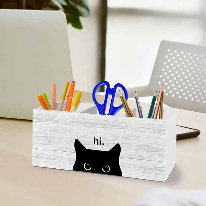 Hi Black Cat Pen Pencil Holder Organizer for Desk Accessories, Black Cat Mom Lady Lovers Owner Gifts Wooden Box Sign Desk Decor for Home Office Decoration, Pet Lover Gifts