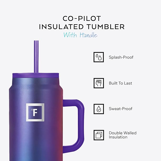IRON °FLASK Co-Pilot Insulated Mug w/Straw & Flip Cap Lids - Cup Holder Bottle for Hot, Cold Drink - Leak-Proof - Water, Coffee Portable Travel Mug - Cobalt Blue, 50 Oz