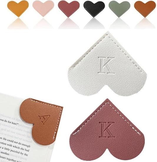 Personalized Leather Heart Bookmark, 26 Letters Customized Corner Book Mark for Reading Women, Book Marker with Initials，Cute Gifts (White+Deep Pink, K)