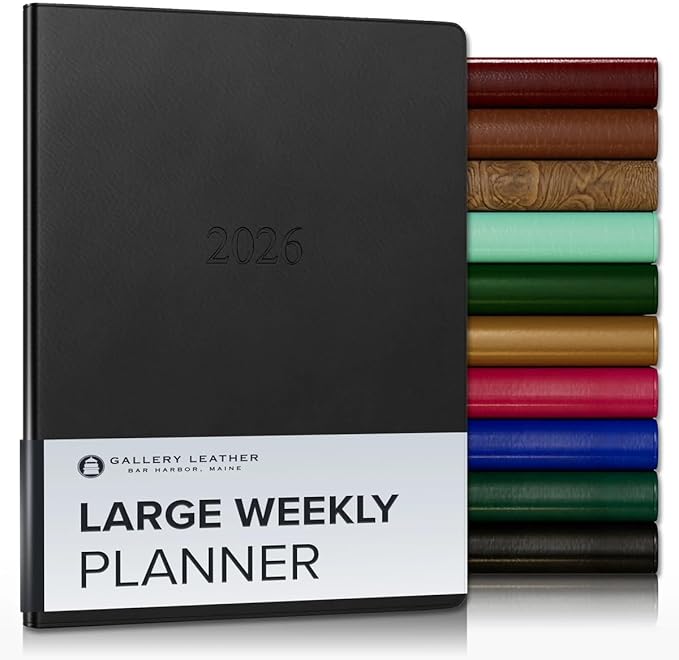 Gallery Leather Large Weekly Monthly Planner 2025-2026, Elegantly Bound Calendar Planner and Notebook with Stylish Gold-Gilded Page Edges, 12 Months - Freeport Black - 9.75 x 7.5 "