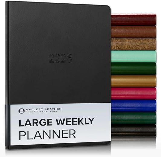 Gallery Leather Large Weekly Monthly Planner 2025-2026, Elegantly Bound Calendar Planner and Notebook with Stylish Gold-Gilded Page Edges, 12 Months - Freeport Black - 9.75 x 7.5 "